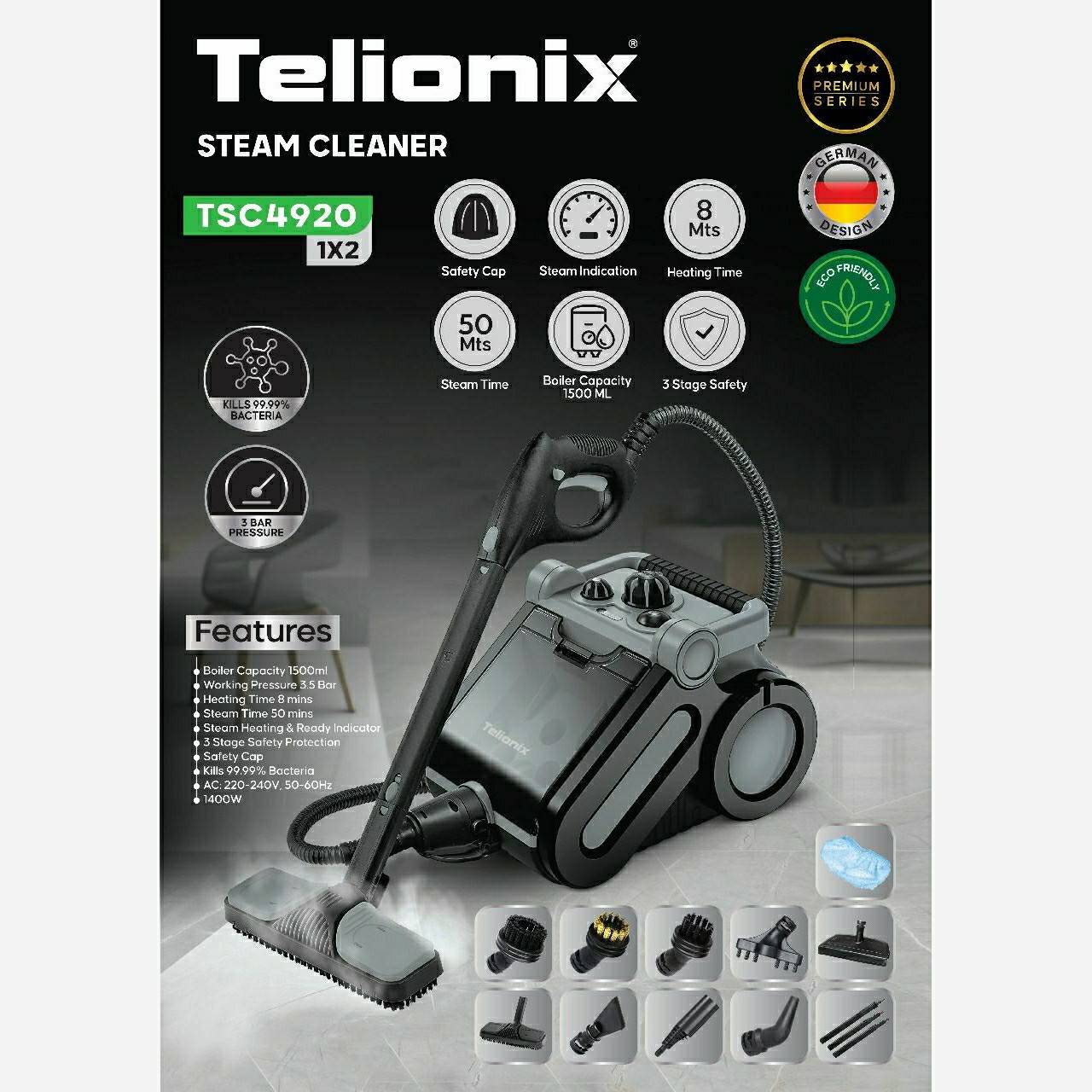 بخارشوی تلیونیکس مدل TSC4920 ظرفیت ۱.۵ لیتر فشار ۳.۵ بار